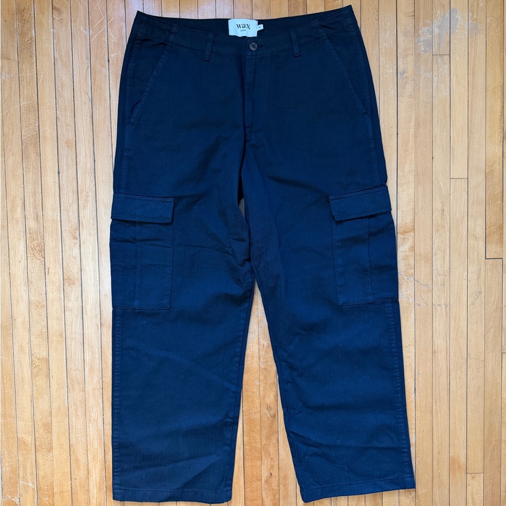 NWOT Wax London Santo Herringbone Organic Cotton Black Men’s Cargo Pants Sz. 36